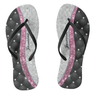 Tongs Chic girly faux parties scintillant argent noir ro