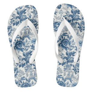 Tongs Chinoiserie Bleu et Blancs Fleurs florales