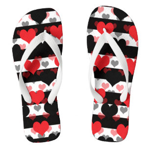Tongs Cœurs d'amour noir rouge avec rayures noir et blan