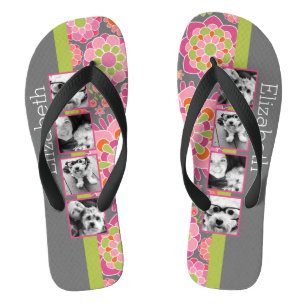 Tongs Collage de photos Fleurs Rose Chaud et Orange