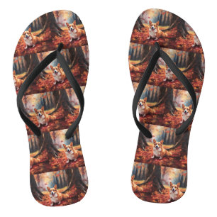 Tongs Corgi dans les feuilles d'automne chute inspire