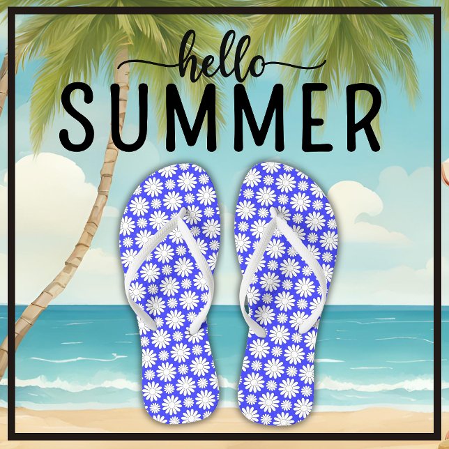 Tongs Cute Floral Daisy Motif Bleu et Blanc été (Say Hello Summer with these cute floral daisy pattern blue and white flip flops.)