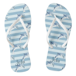Tongs Dauphins adorables sur rayures bleu clair