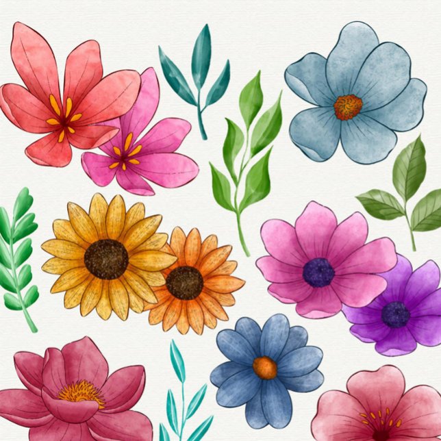 Tongs de fleurs à l'aquarelle (A vibrant array of hand-painted flowers fills the canvas, showcasing a delightful mix of colors.)