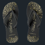 Tongs Dentelle d'or sur le noir Elegant Maid of Honor Ma<br><div class="desc">Ces belles tongs mariages sont une excellente façon de remercier et de reconnaître votre bonne d'honneur tout en lui épargnant les pieds en même temps. Dispose d'un design élégant avec des garnitures en dentelle dorée sur un arrière - plan noir et des lettres de script de couleur or fantaisie. Le...</div>