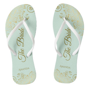 Tongs Dentelle d'or sur Mint Green La mariée Mariage élé
