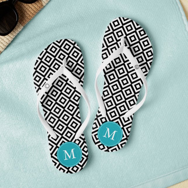 Tongs Diamants noirs et aqua monogrammes (Créateur téléchargé)