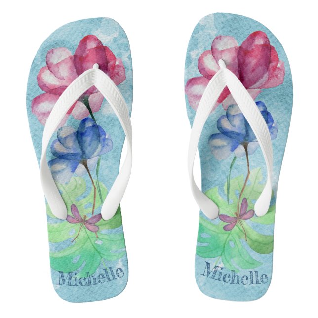 Tongs Dragonfly Et Floral Aquarelle Laver (Semelle)