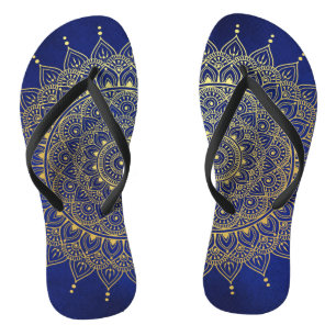 Tongs Elégant or sur Deep Blue Floral Henna Mandala