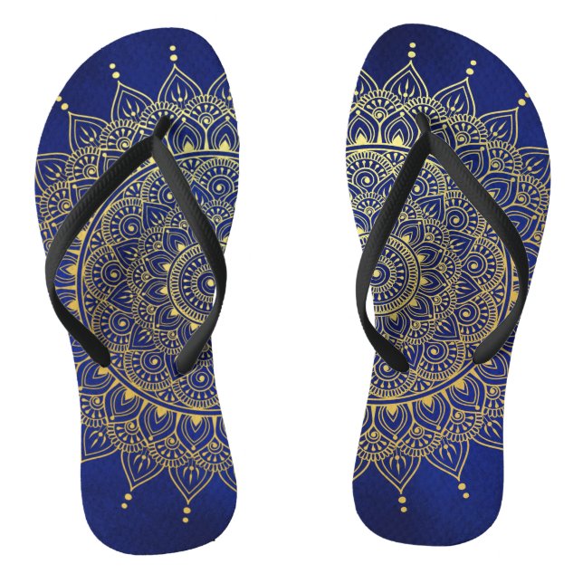 Tongs Elégant or sur Deep Blue Floral Henna Mandala (Semelle)