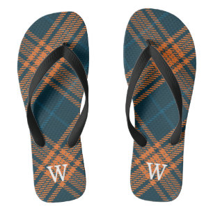 Tongs Élégant plaid tartan bleu & orangé personnalisé