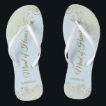 Tongs Élégante dentelle or femme d'honneur bleu pâle Mar<br><div class="desc">Ces belles tongs mariages sont une excellente façon de remercier et de reconnaître votre bonne d'honneur tout en lui épargnant les pieds en même temps. Dispose d'un design élégant avec des garnitures en dentelle dorée sur un arrière - plan bleu poudre pâle et des lettres de script de couleur or...</div>