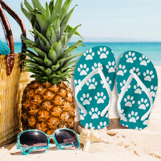 Tongs Empreintes de patte de chien sur bleu, turquoise v (Créateur téléchargé)