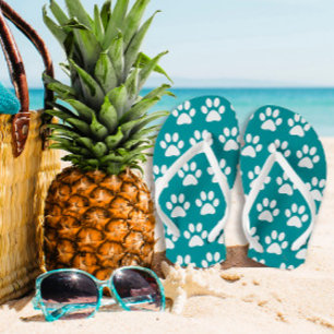 Tongs Empreintes de pattes De Chiens Sur Bleu, Vert Turq