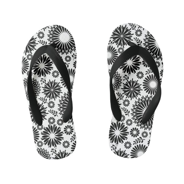 Tongs Enfants Boho fleurs Motif floral vectoriel noir et blanc (Semelle)