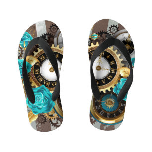 Tongs Enfants Cadran Steampunk et roses turquoise sur fond rayé