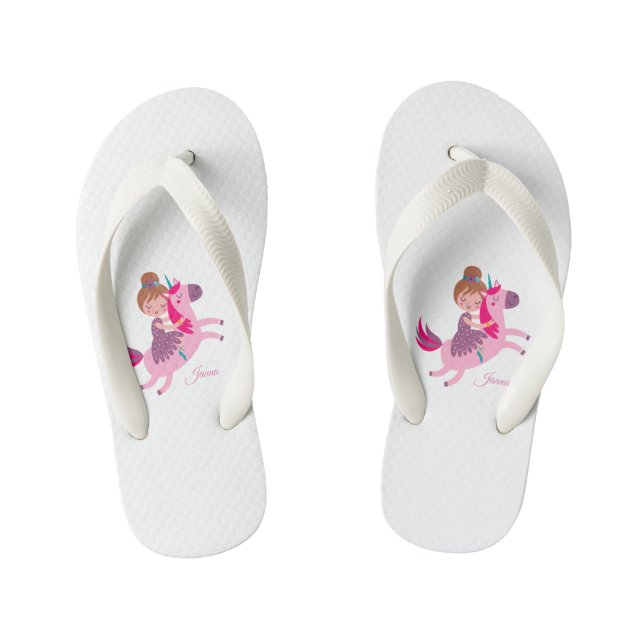 Tongs Enfants Cute Blondie Haired Girl équitation sur une licorn (Semelle)