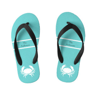 Tongs Enfants Design nautique avec crabe blanc sur bleu Turquois