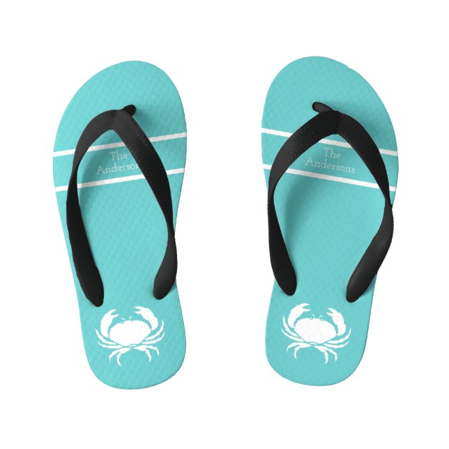 Tongs Enfants Design nautique avec crabe blanc sur bleu Turquois (Semelle)