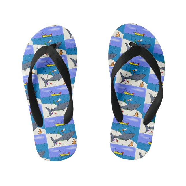 Tongs Enfants Drôle requin couché et dessin animé de pêche (Semelle)