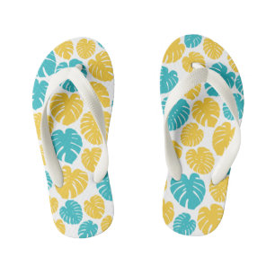 Tongs Enfants Feuilles Monstera en Turquoise, Jaune et Blanc