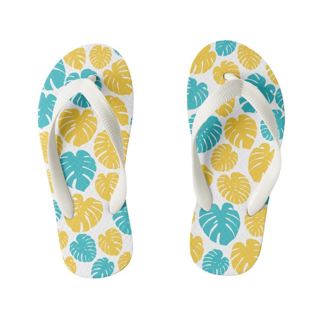 Tongs Enfants Feuilles Monstera en Turquoise, Jaune et Blanc (Semelle)