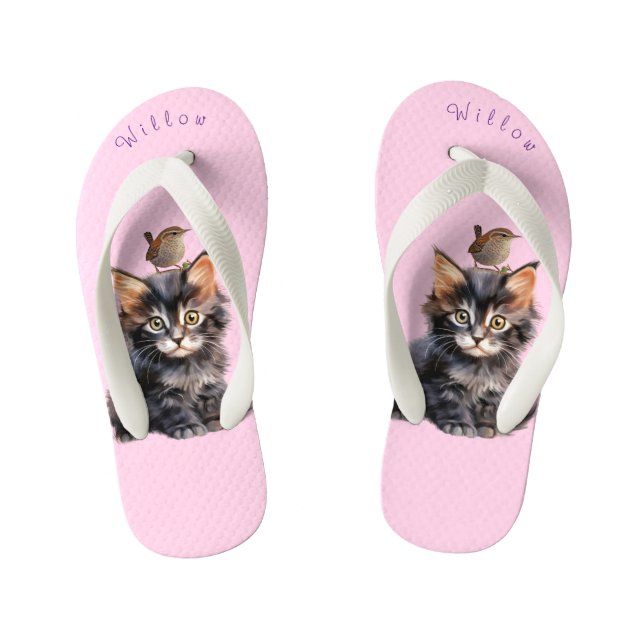 Tongs Enfants Kitten adorable avec Oiseau Wren (Semelle)