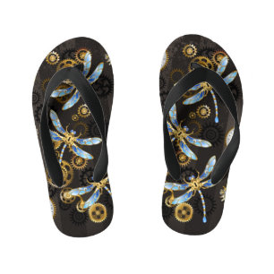 Tongs Enfants Libellules Steampunk sur fond rayé marron