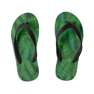 Tongs Enfants motif vert en feuilles de palmiers.