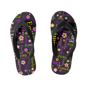 Tongs Enfants Nom fleur motif rose violet jaune noir