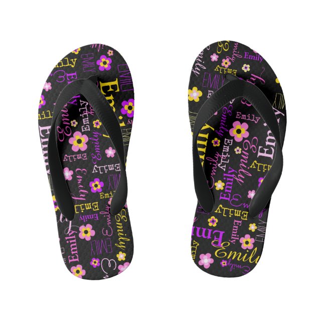 Tongs Enfants Nom fleur motif rose violet jaune noir (Semelle)