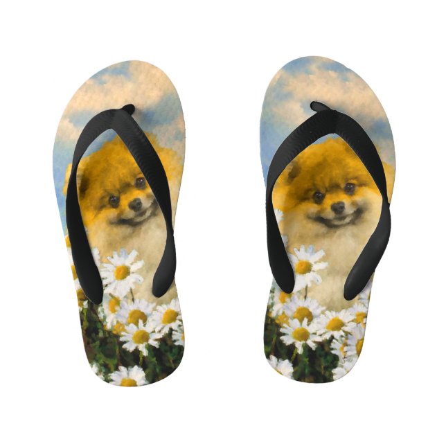Tongs Enfants Poméranien dans Daisies Peinture - Art Chien origi (Semelle)