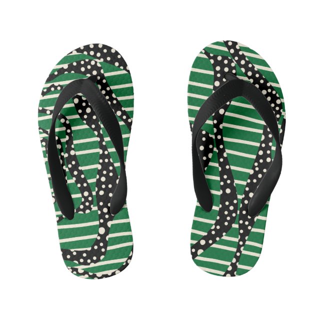 Tongs Enfants Spots et bandes 2 - Vert, Crème et Noir (Semelle)
