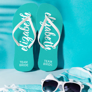 Tongs Équipe personnalisée Mariée Turquoise et blanche