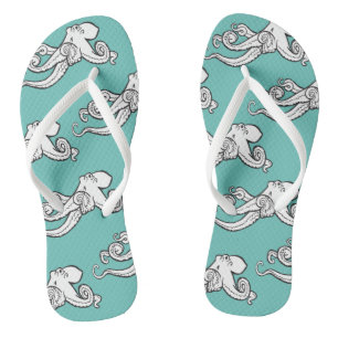 Tongs Esquisses de pieuvres irrégulières Motif Turquoise