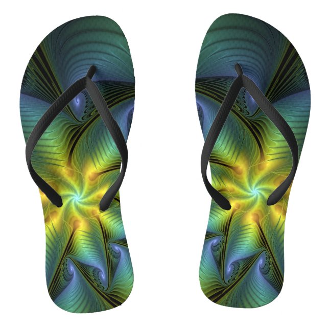 Tongs Etoile Abstraite, Bleu brillant Vert Or Fractal Ar (Semelle)
