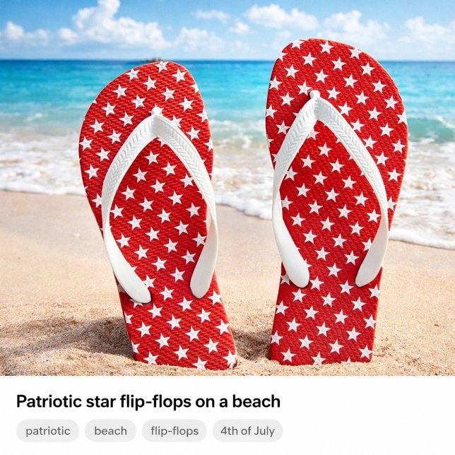 Tongs étoile patriotique ("Patriotic star flip-flops on a beach")