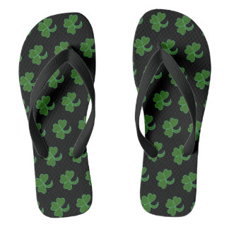 Tongs - Feuilles de Trèfle Vert sur Fond Noir