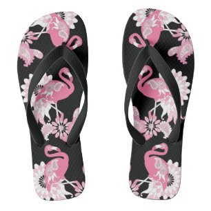 Tongs Flamant rose moderne noir rose Paisley