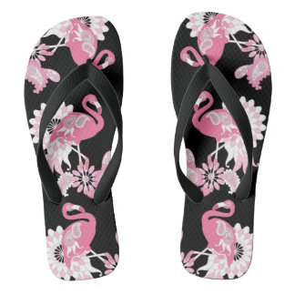 Tongs Flamant rose moderne noir rose Paisley