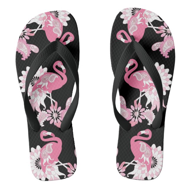 Tongs Flamant rose moderne noir rose Paisley (Semelle)