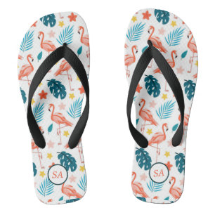 Tongs Flamant rose personnalisé Palm Tree Blue Red Beach