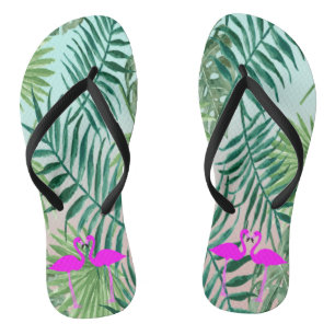 Tongs Flamants roses amoureux sur feuilles de palmier
