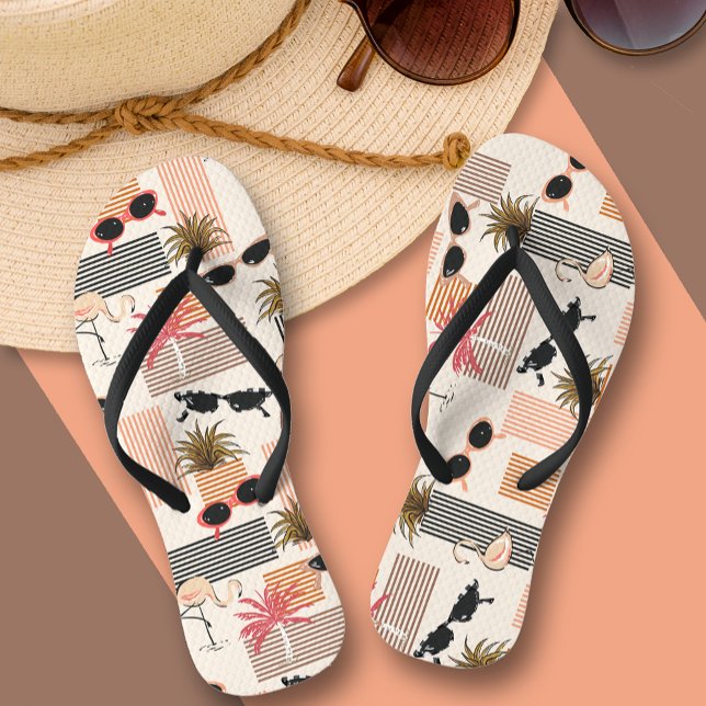 Tongs Flamants roses et palmiers rétro (Retro flamingos, palms trees, retro sunglasses fun summer flip flops)