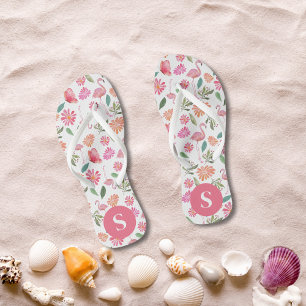 Tongs Flamants Roses Motif Floral Tropical Monogrammé