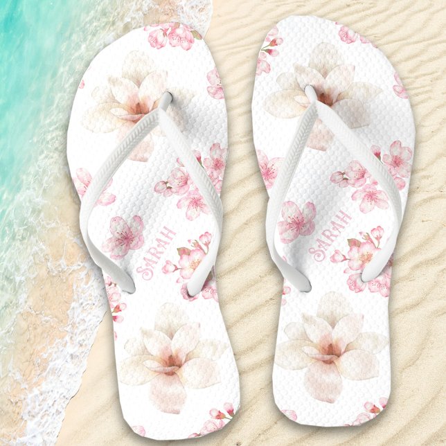 Tongs Fleur de cerisier rose Flip Name Flore (Floral Cherry Blossom Pink Flip Name Flops Flip Flops)