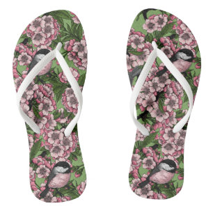 Tongs Fleur de cerisiers et poulets verts