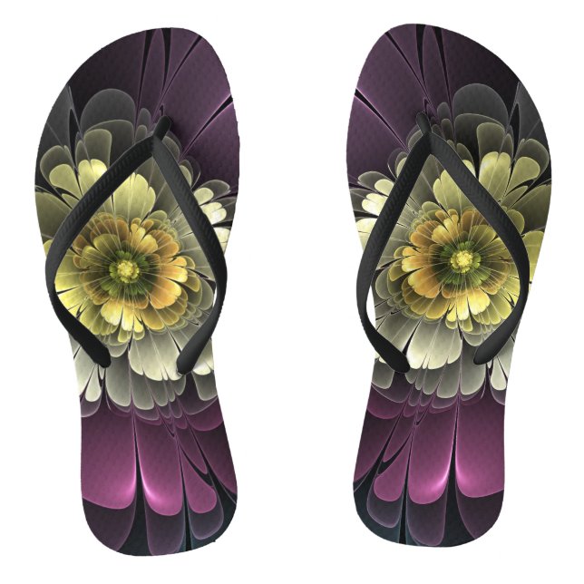 Tongs Fleur fractale grise et pourpre moderne abstraite (Semelle)