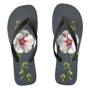 Tongs Fleur rose feuilles vert pâle sur gris foncé