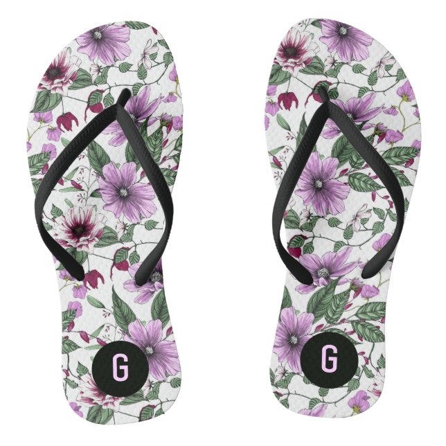 Tongs Fleurs de lavande avec motif feuille vert (Semelle)